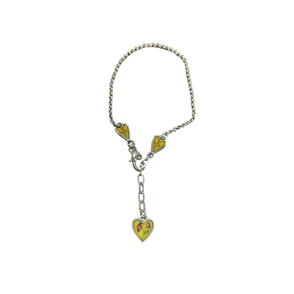 Brighton Silver Tone Yellow Enamel Floral Heart Charm Adjustable Bracelet